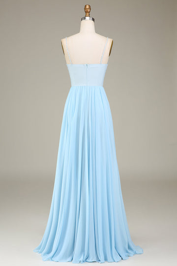 Himmelblå A-linje spaghetti stropper Chiffon lang brudepike kjole med perler